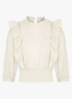 MORGAN TIRILOK - Beige High-neck Embroidered Cotton-blend Top -Morganmai Store 4105273