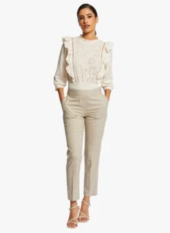 MORGAN TIRILOK - Beige High-neck Embroidered Cotton-blend Top -Morganmai Store 4105393
