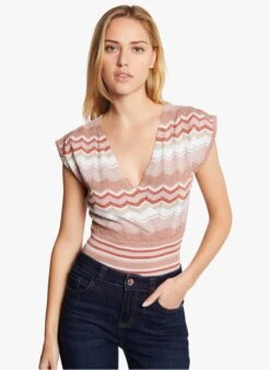 MORGAN MFENY - Pink Printed Wrap Top With Metallic Thread