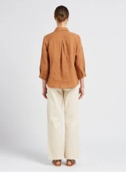 SEE U SOON Brown Loose-fit Linen Shirt With Classic Collar -Morganmai Store 4109955