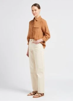 SEE U SOON Brown Loose-fit Linen Shirt With Classic Collar -Morganmai Store 4109956