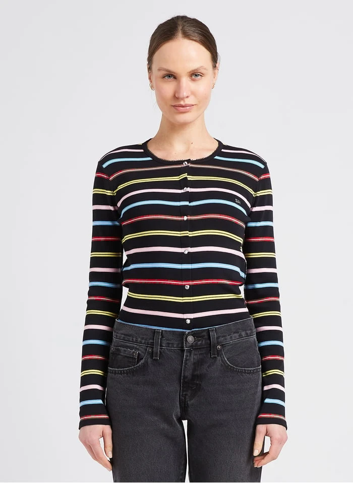 SONIA RYKIEL Black Cotton Cardigan With Multicolored Stripes 1 SONIA RYKIEL Black Cotton Cardigan With Multicolored Stripes