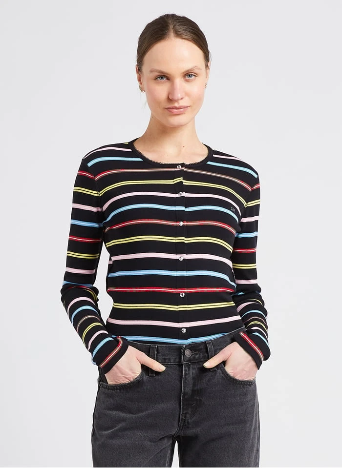 SONIA RYKIEL Black Cotton Cardigan With Multicolored Stripes 4 SONIA RYKIEL Black Cotton Cardigan With Multicolored Stripes - Image 4