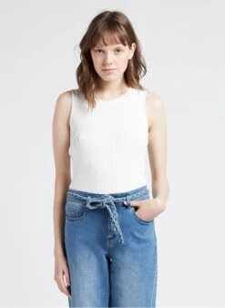 White Ribbed Cotton-blend Tank Top With Round Neck