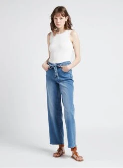 White Ribbed Cotton-blend Tank Top With Round Neck -Morganmai Store 4110455