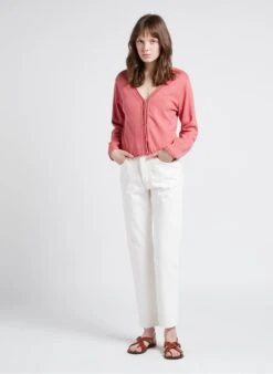ONE STEP Pink V-neck Organic Cotton Cardigan -Morganmai Store 4110636