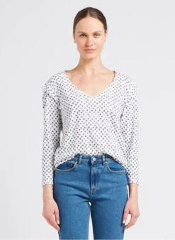 ONE STEP White Polka Dot Print Cotton-blend V-neck T-shirt