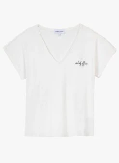 Maison Labiche CHATEAU OUT OF OFFICE - White Straight V-neck Linen And Cotton Blend T-shirt -Morganmai Store 4111266