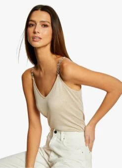 MORGAN BAMBI - Beige V-neck Top With Chain Straps