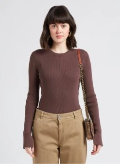 ROBIN - Brown Ribbed Knit V-neck Cardigan
