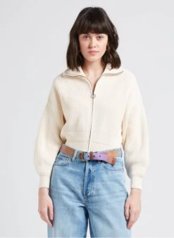 Sessun VANNIE - White High-neck Knit Cardigan