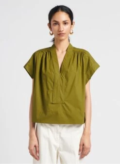 Soeur MADAGASCAR - Green Cotton Poplin V-neck Blouse