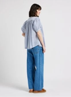 AJMER - Blue Loose-fit Cotton Shirt With Mandarin Collar -Morganmai Store 4116125