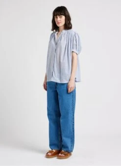 AJMER - Blue Loose-fit Cotton Shirt With Mandarin Collar -Morganmai Store 4116126