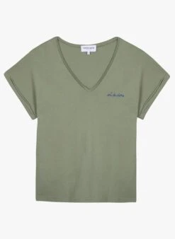 Maison Labiche CHATEAU ART DE VIVRE - Green Straight-cut Embroidered Organic Cotton T-shirt With V Neck