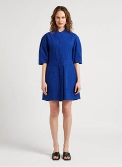 Blue Short Cotton-blend Dress With Mandarin Collar