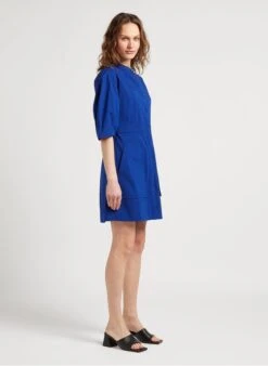 Blue Short Cotton-blend Dress With Mandarin Collar -Morganmai Store 4120742