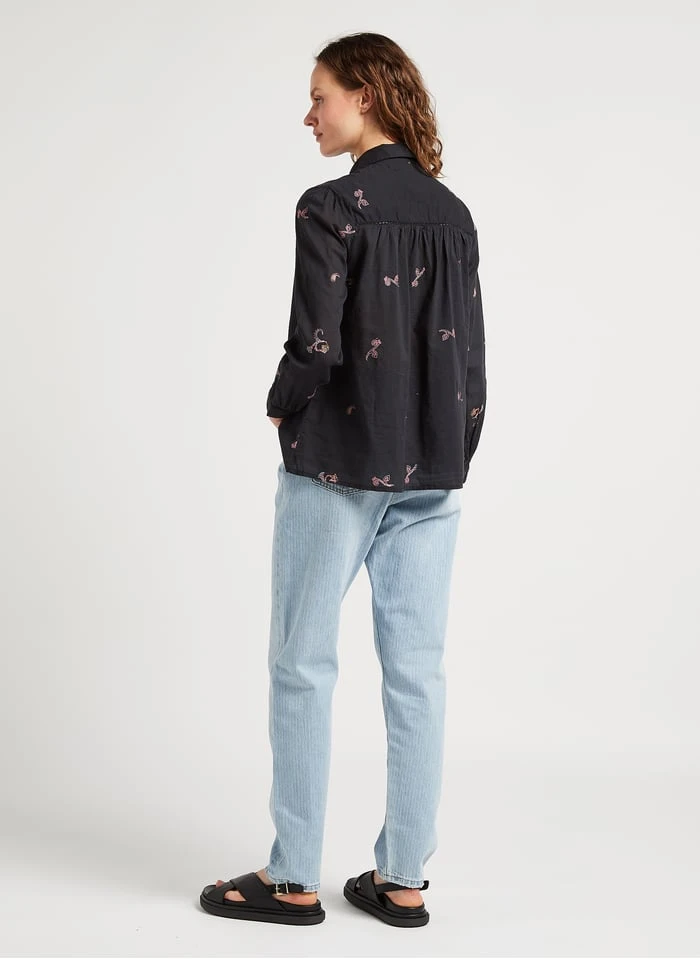 JERRY - Black V-neck Embroidered Cotton Straight-cut Shirt 6 JERRY - Black V-neck Embroidered Cotton Straight-cut Shirt - Image 6