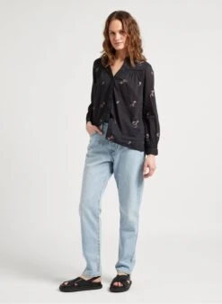 JERRY - Black V-neck Embroidered Cotton Straight-cut Shirt 10 JERRY - Black V-neck Embroidered Cotton Straight-cut Shirt -Morganmai Store 4120861