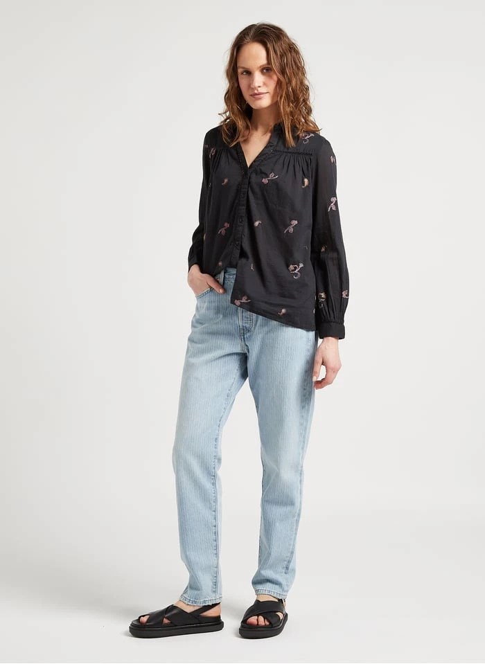 JERRY - Black V-neck Embroidered Cotton Straight-cut Shirt 5 JERRY - Black V-neck Embroidered Cotton Straight-cut Shirt - Image 5