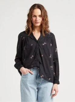 JERRY - Black V-neck Embroidered Cotton Straight-cut Shirt