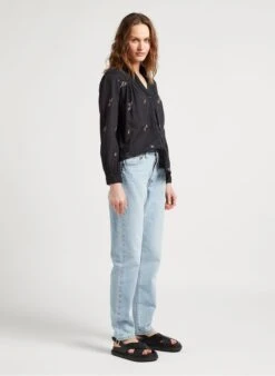 JERRY - Black V-neck Embroidered Cotton Straight-cut Shirt 9 JERRY - Black V-neck Embroidered Cotton Straight-cut Shirt -Morganmai Store 4120864