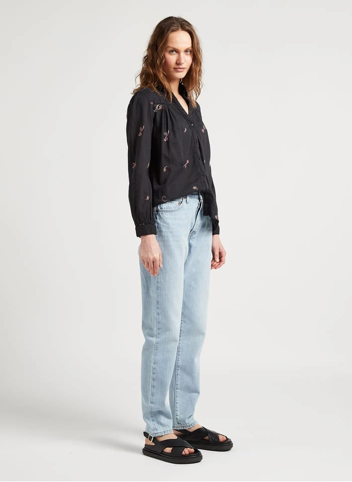 JERRY - Black V-neck Embroidered Cotton Straight-cut Shirt 4 JERRY - Black V-neck Embroidered Cotton Straight-cut Shirt - Image 4