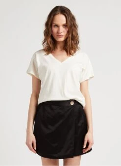 ONE STEP White Loose-fit V-neck Linen-blend T-shirt