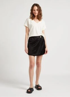 ONE STEP White Loose-fit V-neck Linen-blend T-shirt -Morganmai Store 4120941