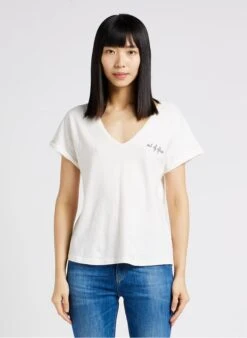 Maison Labiche CHATEAU OUT OF OFFICE - White Straight V-neck Linen And Cotton Blend T-shirt