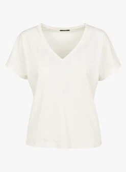 ONE STEP White Loose-fit V-neck Linen-blend T-shirt -Morganmai Store 4122131