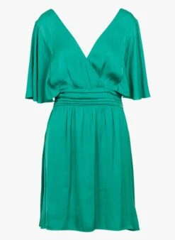 Ikks Green Short Satin-feel V-neck Dress -Morganmai Store 4122148