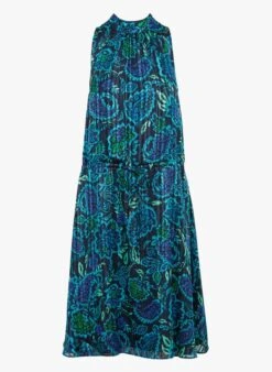 Ikks Blue Round-neck Floral Print Midi Dress -Morganmai Store 4122152
