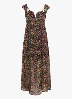 Ikks Black Long Floral Print V-neck Dress -Morganmai Store 4122153