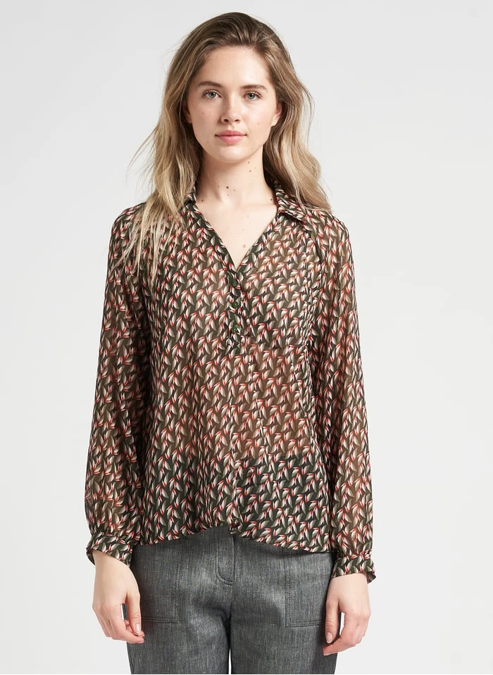 ONE STEP Green Printed Voile Henley Blouse 1 ONE STEP Green Printed Voile Henley Blouse