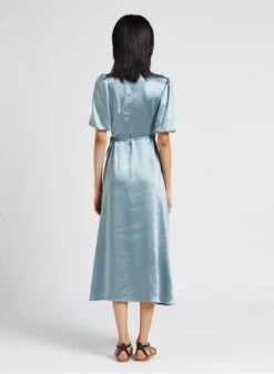 MAISON 123 HEVE R - Blue Long Wrap-over Satiny Dress -Morganmai Store 4123390