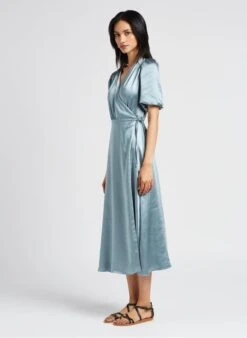 MAISON 123 HEVE R - Blue Long Wrap-over Satiny Dress -Morganmai Store 4123391