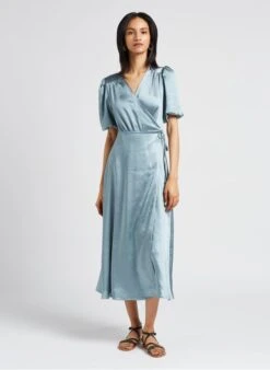 MAISON 123 HEVE R - Blue Long Wrap-over Satiny Dress -Morganmai Store 4123394