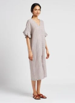 Masscob OLBIA - Striped Striped V-neck Cotton Midi Dress -Morganmai Store 4123506