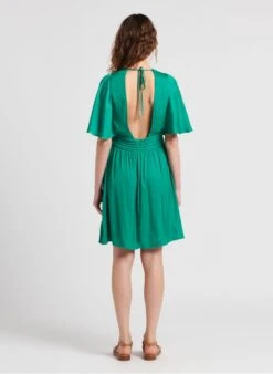 Ikks Green Short Satin-feel V-neck Dress -Morganmai Store 4124413