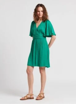 Ikks Green Short Satin-feel V-neck Dress -Morganmai Store 4124414