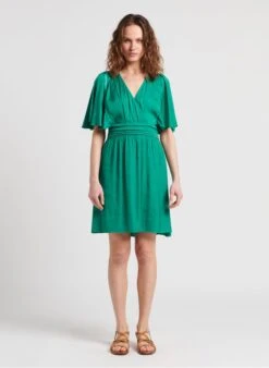 Ikks Green Short Satin-feel V-neck Dress