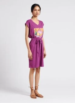 ROCAMEZZO - Purple Round-neck Sequined Cotton T-shirt Dress With Screen-print -Morganmai Store 4127916