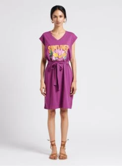 ROCAMEZZO - Purple Round-neck Sequined Cotton T-shirt Dress With Screen-print