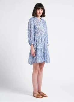 GERARD DAREL JAUFREY - Blue Short Floral Print Cotton V-neck Dress -Morganmai Store 4128287