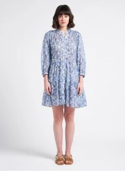 GERARD DAREL JAUFREY - Blue Short Floral Print Cotton V-neck Dress