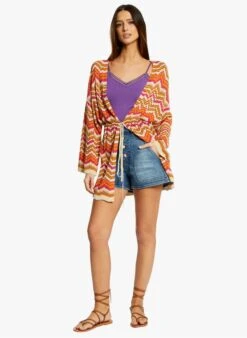 MORGAN MIKONO - Orange Long Knit Cardigan With Herringbone Pattern -Morganmai Store 4131556