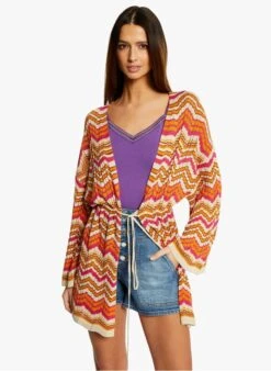 MORGAN MIKONO - Orange Long Knit Cardigan With Herringbone Pattern