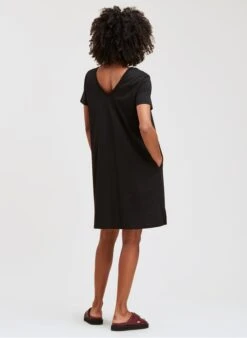Black Short Embroidered Organic Cotton Dress With Round Neck -Morganmai Store 4132573