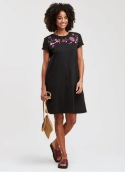 Black Short Embroidered Organic Cotton Dress With Round Neck -Morganmai Store 4132574